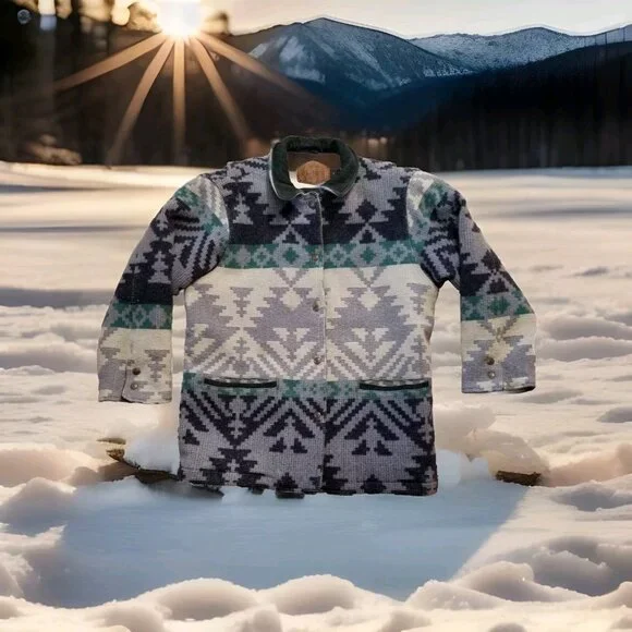 ✅VTG Woolrich Chore Jacket Women's LARGE Blue/Grey Aztec Southwest Wool✅STAINING - Picture 1 of 16